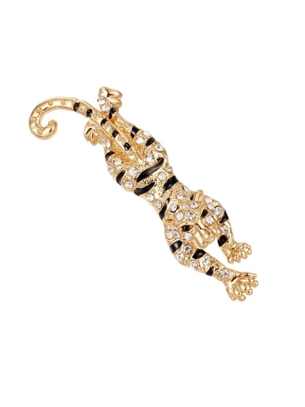 Gold Tone Tiger Brooch with Black Enamel and Crystals